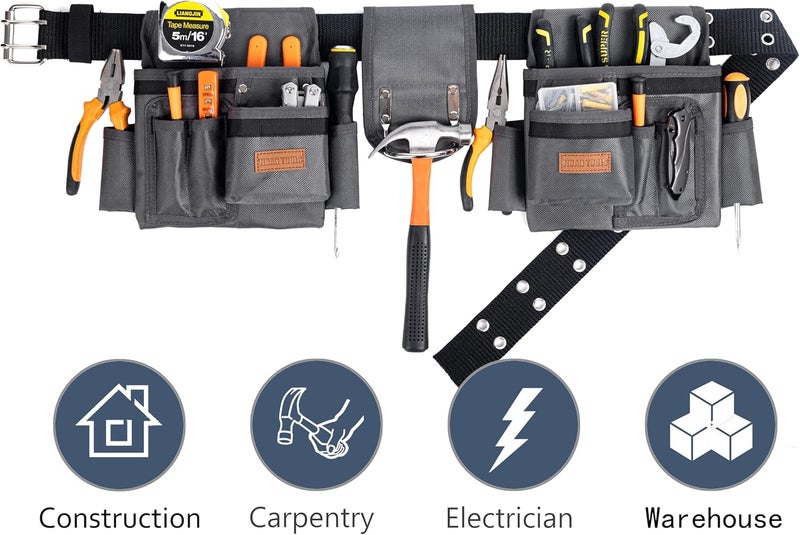 VIDAR TOOLS Tool Belt,12 Pockets Tool Belts for Men, Heavy Duty Carpenter/Construction/DIY'er/Electrician .Double layer thickened polyester fiber with waterproof coating. - Image 3